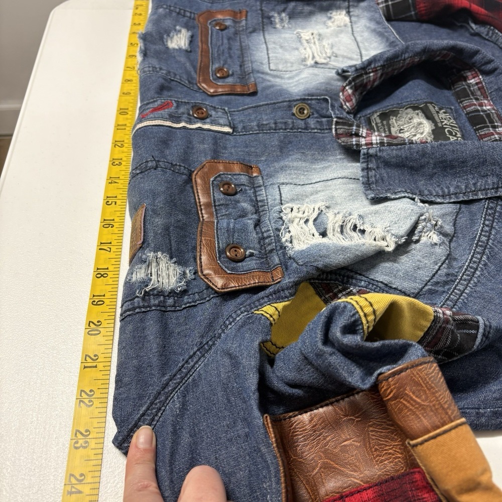 Heritage America Men 2XL Denim Jacket Grunge Flannel Patch Distressed Streetwear - Picture 12 of 15